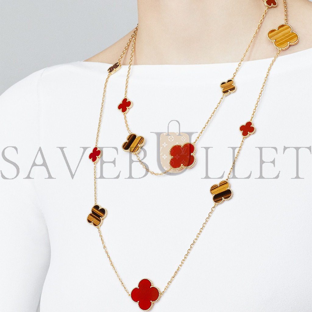 VAN CLEEF ARPELS MAGIC ALHAMBRA LONG NECKLACE, 16 MOTIFS - YELLOW GOLD, CARNELIAN, TIGER EYE  VCARN5JO00